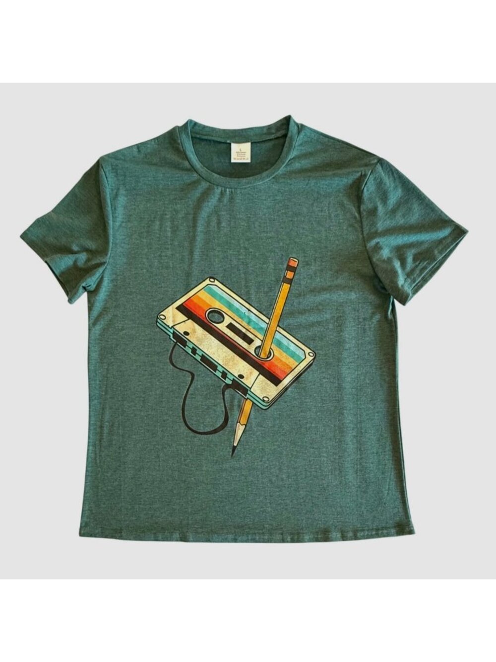 Retro Cassette Pencil Tee Womens L Green Music Lover 80s 90s Graphic Shirt